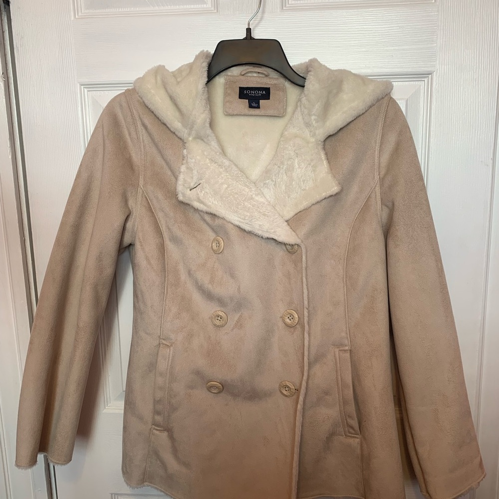 Women's Tan Pea Coat with Faux Fur Lining, Collar and Hood